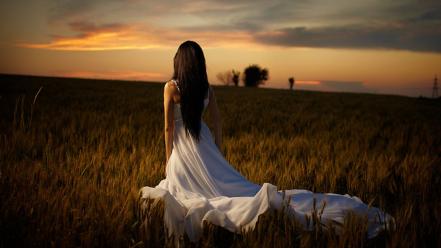 Brunettes women fields outdoors white dress wallpaper