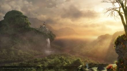 Mountains clouds trees jungle waterfalls graphics design wallpaper