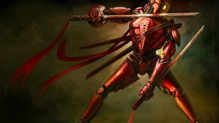 Red robots ninjas mecha artwork swords wallpaper