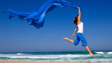 Women beach running seascapes cloths wallpaper
