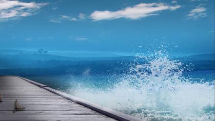 Landscapes nature waves pier splashes sea wallpaper