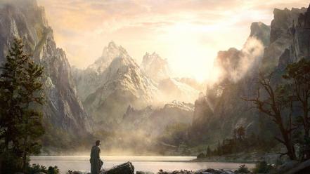 Mountains sun trees artwork rivers hero master piece wallpaper