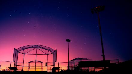 Night stars silhouette buildings hdr photography baseball field wallpaper