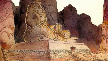 People statues artwork temple traditional art moebius wallpaper