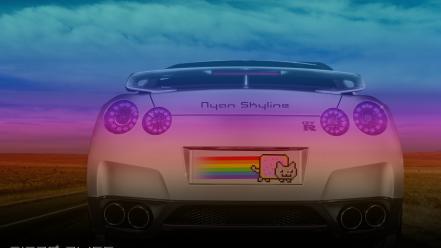 Skylines nyan cat photomanipulation nissan skyline r35 gt-r wallpaper