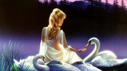 Women swans fantasy art artwork wallpaper