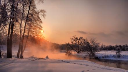 Landscapes nature rivers snow sunset wallpaper