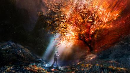 Alexius burning fantasy art flames looking up wallpaper