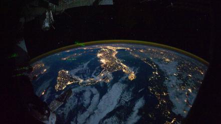 Earth city lights clouds outer space wallpaper