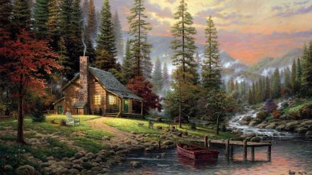 Thomas kinkade artwork cabin forests houses wallpaper