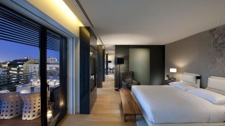 Beds hotel room interior design pillows wallpaper