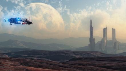 Digital art outer space planets science fiction spaceships wallpaper