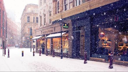 Grocery stores snowflakes streets urban wallpaper