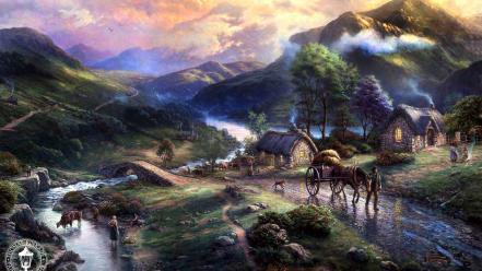 Thomas kinkade animals houses landscapes mountains wallpaper