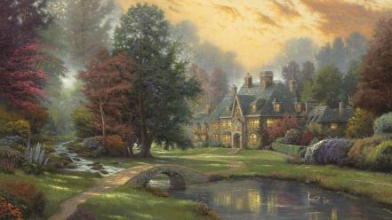 Thomas kinkade artwork bridges houses nature wallpaper