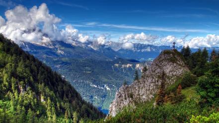 Mountains landscapes cross forest valley wallpaper
