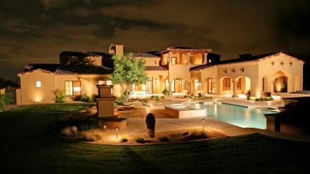 Architecture garden house night swimming pools wallpaper