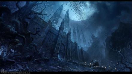 Chateau cityscapes dark moon drawings fantasy art wallpaper