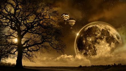 Moon hot air balloons planets sepia trees wallpaper