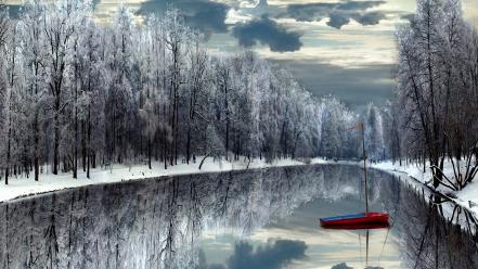 Clouds forests lakes nature reflections wallpaper