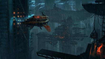 Artwork cityscapes fantasy art futuristic rain wallpaper