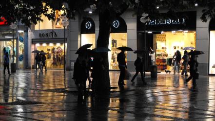 Rain trees umbrellas water drops wallpaper
