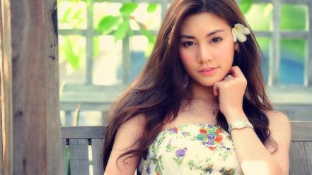 Brown chinese asians faces flower in girls wallpaper