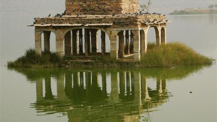Landscapes ruins grass fog lakes wallpaper