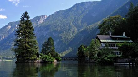 Clouds forests houses lakes landscapes wallpaper
