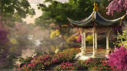 Nature trees flowers china natural design pagoda wallpaper