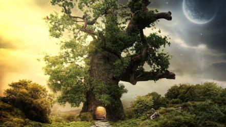 Trees moon fantasy art wallpaper
