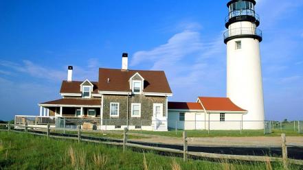 Grass houses lighthouses skyscapes wallpaper