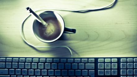 Minimalistic coffee keyboards macro pencils wires wallpaper