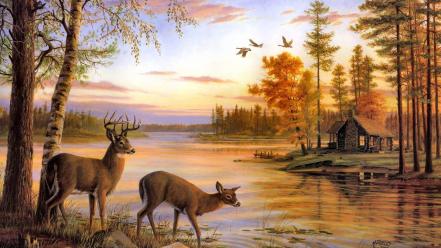 Nature forest birds deer artwork cabin lakes wallpaper