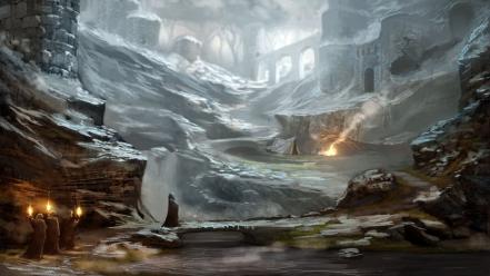 Rocks bridges people fantasy art torchlight arcs wallpaper