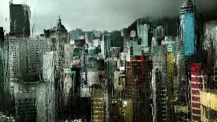 Cityscapes rain water drops wallpaper