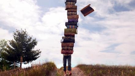Jeans men outdoors suitcase stacked pathway blue skies wallpaper