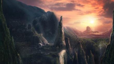 Skylines rocks bridges falls fantasy art town wallpaper