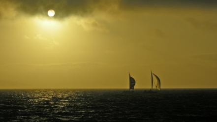 Sunset ocean landscapes sun boats sea wallpaper
