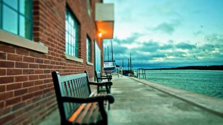 Wall bench tilt-shift lakes wallpaper