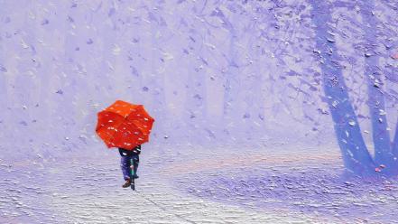 Winter red bicycles artwork backview umbrellas wallpaper