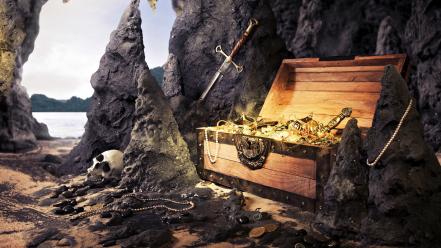Artwork necklaces jewelry treasure chest swords caves wallpaper