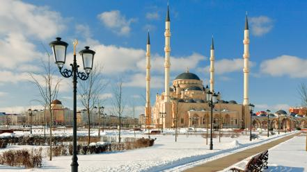Nature snow mosque minaret street light wallpaper