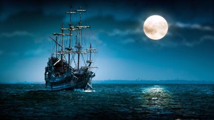 Blue ocean horizon moon ships night sky wallpaper