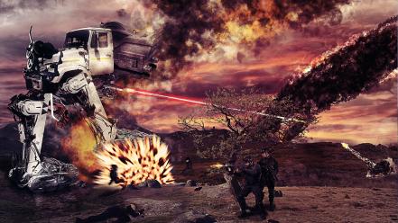 Flames soldiers war robots smoke fight photomanipulation wallpaper