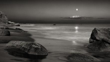 Landscapes moon rocks grayscale seascapes wallpaper