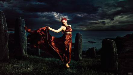 Women landscapes dress redheads digital art artwork dancing wallpaper