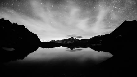 Black and white mountains stars lakes skyscapes wallpaper