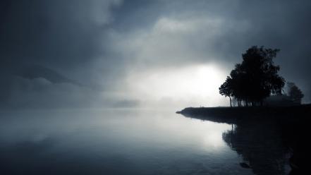 Landscapes trees monochrome lakes wallpaper