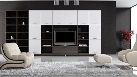 Living room white and black interior design wallpaper